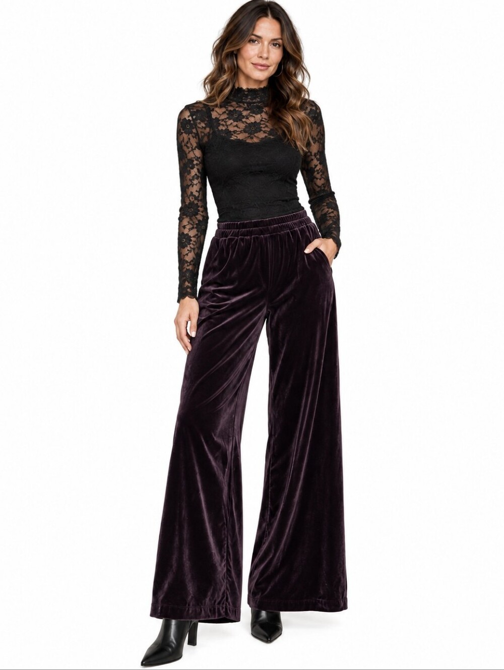 Zara XS Plum Purple Velvet Wide Leg Pull On Pants Elastic Waist 70s Whimsigoth